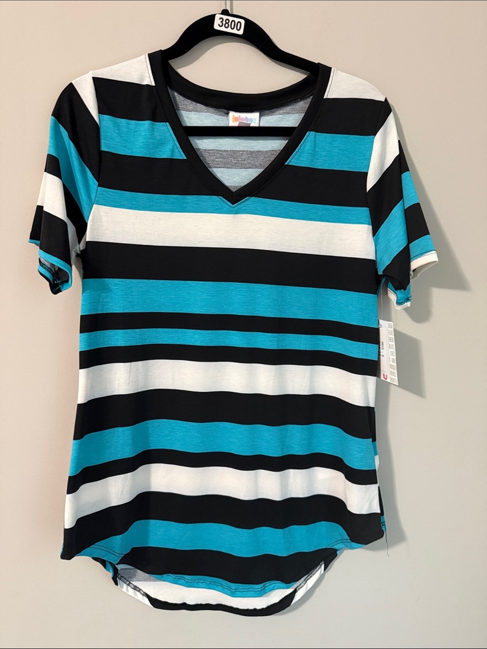 LuLaRoe V-Neck Short Sleeve Stripe Tee - Black, White & Teal
